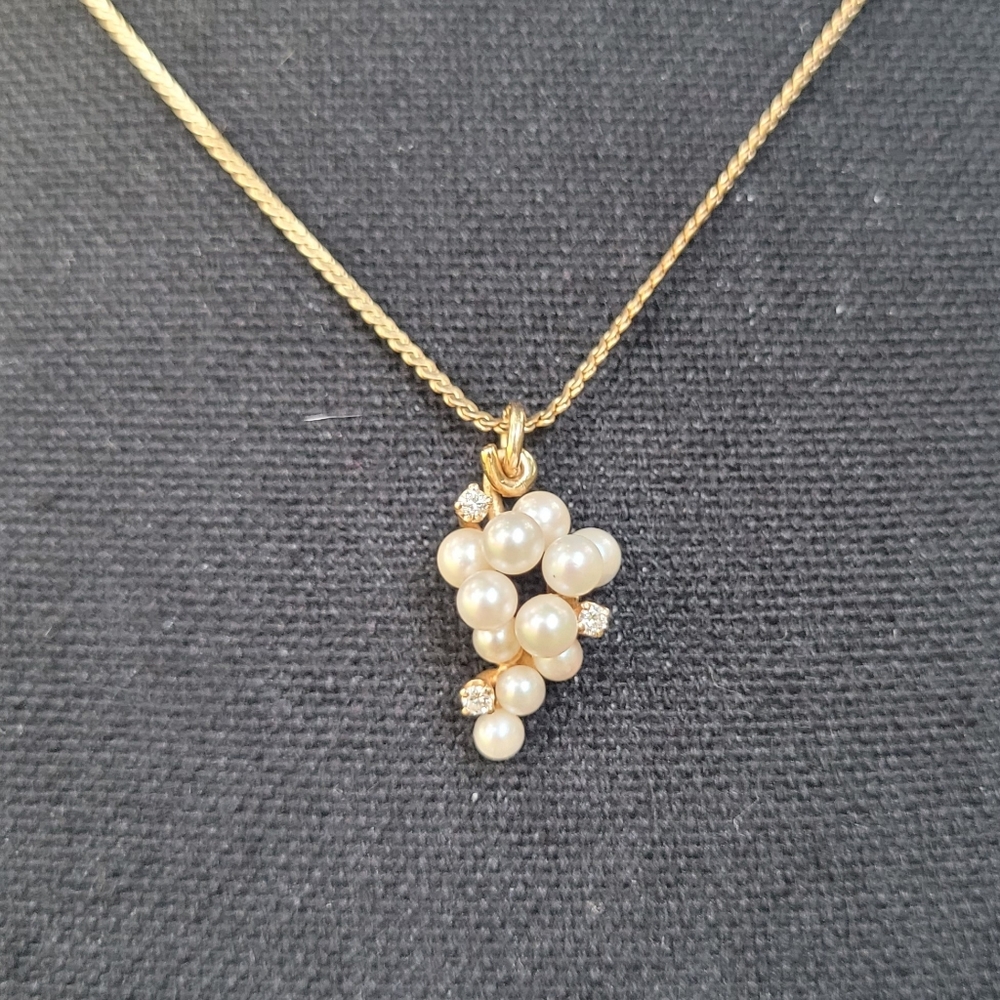14K Gold Diamond Pearl Grape Cluster Necklace on 18K GF Chain Fine Jewelry